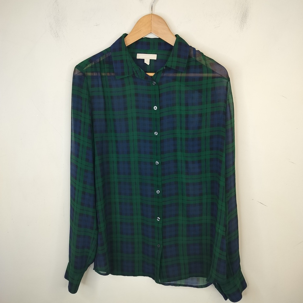 Banana Republic Plaid Button Up Blouse Medium Tall Sheer Green Blue Long Sleeve